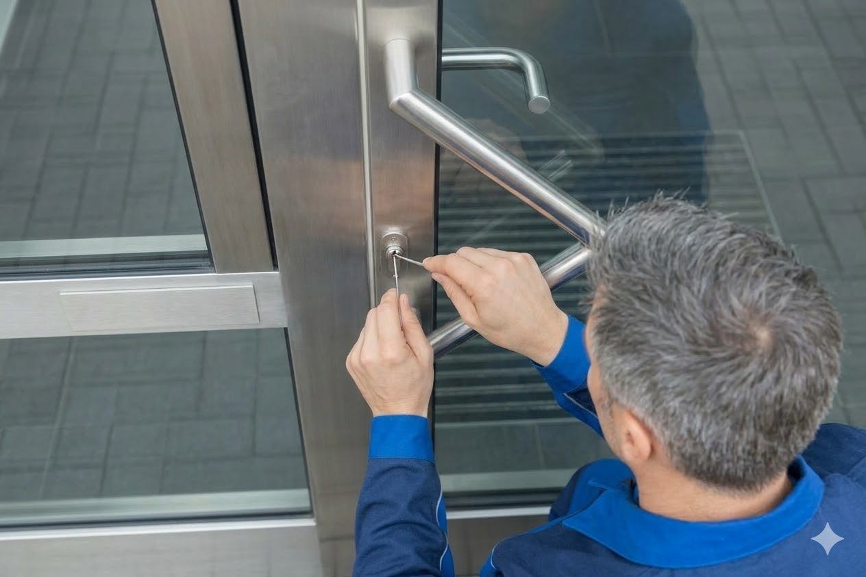 Handwerker in blauer Arbeitskleidung bei der fachgerechten Türöffnung mit Spezialwerkzeug an einer modernen Metalltür.