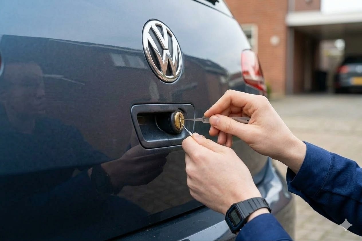 Nahaufnahme von Händen mit Spezialwerkzeug bei der fachgerechten Öffnung eines PKW-Kofferraumschlosses am Tag.