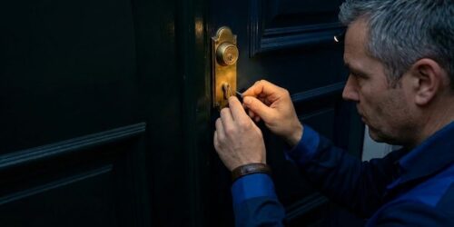 Nahaufnahme eines Handwerkers bei Nacht, der von rechts kommend im Schein einer kleinen Lampe konzentriert ein Türschloss an einer dunklen Holztür öffnet.