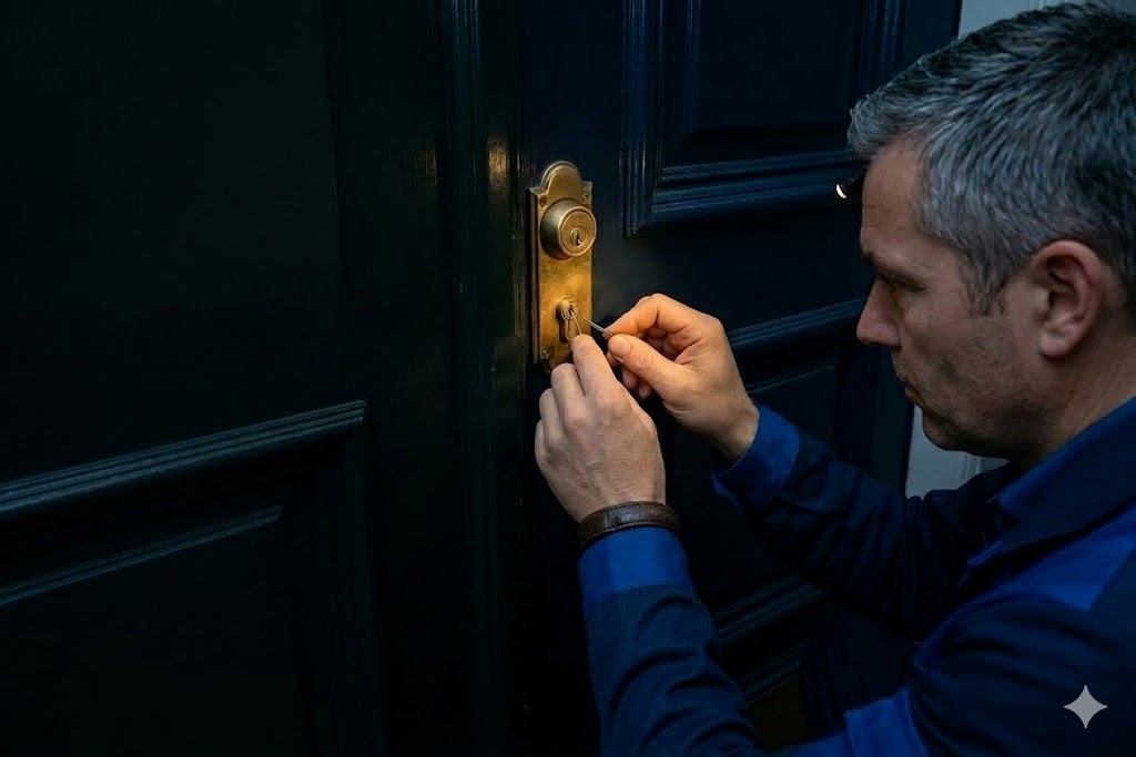 Nahaufnahme eines Handwerkers bei Nacht, der von rechts kommend im Schein einer kleinen Lampe konzentriert ein Türschloss an einer dunklen Holztür öffnet.
