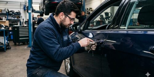 Professioneller Schlüsseldienst-Fachmann in blauer Arbeitsjacke bei einer fachgerechten Autotüröffnung in Düsseldorf mit Spezialwerkzeug, Fokus auf das Türschloss.