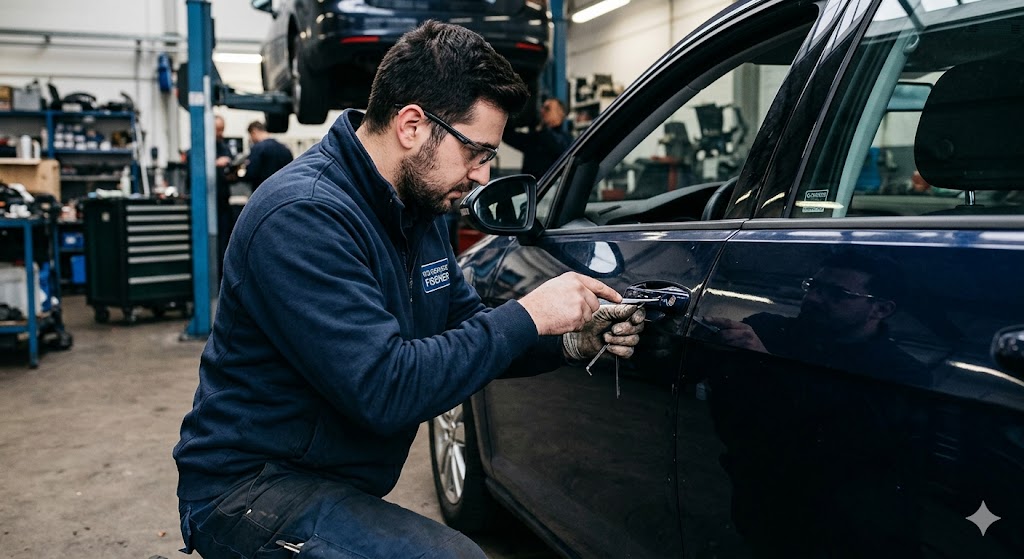Professioneller Schlüsseldienst-Fachmann in blauer Arbeitsjacke bei einer fachgerechten Autotüröffnung in Düsseldorf mit Spezialwerkzeug, Fokus auf das Türschloss.